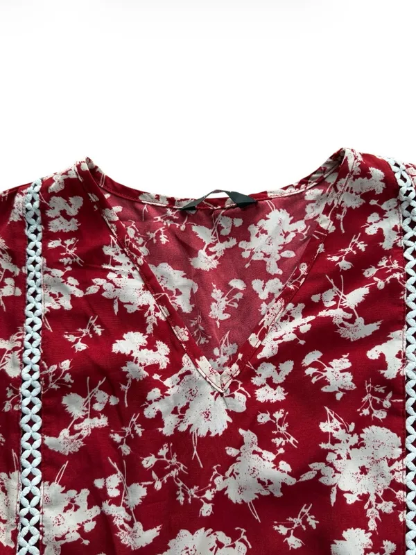 Dokotoo Women Size XL Red Floral Long Sleeve V-Neck Crochet Trim Babydoll Dress - Image 5