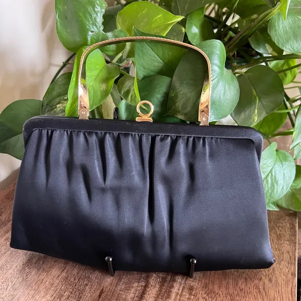 Vintage Ande Black Satin Evening‎ Bag Gold Handle Clutch Party Purse Formal - Image 10