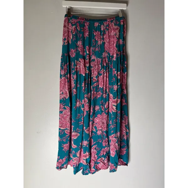 Abel the Label Teal Pink Floral Maxi Skirt High Slit Boho Rayon Womens Size M - Image 2