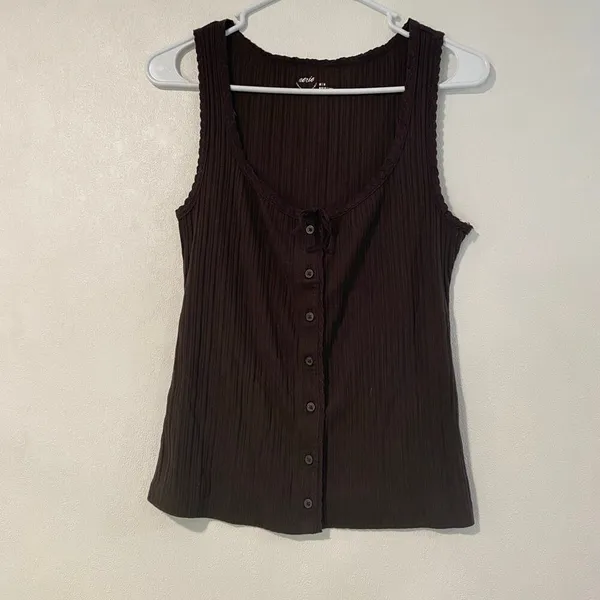 Aerie Brown Ribbed Button Tank Top M Soft Stretch Casual Basic - Image 2