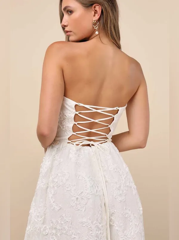 NWT LULUS | Galena Ivory Lace Applique Strapless Midi Dress, S - Image 2