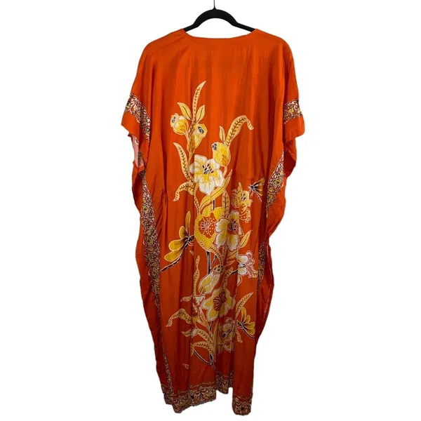 KA Kenanga Ayu‎ Kaftan Dress OSFM Orange Floral Boho Maxi Caftan Cover Up NWT - Image 3