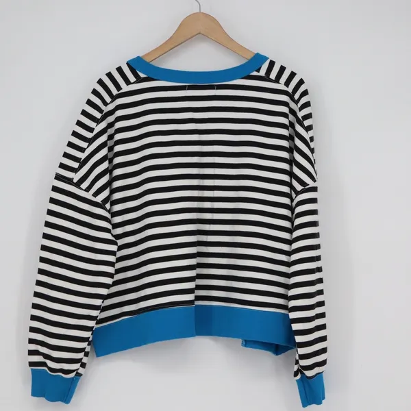 Merokeety Striped Sweatshirt XL Blue Trim Notched V-Neck Pullover Black White - Image 5
