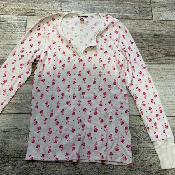 Victoria's Secret White and Pink Floral Long Sleeve Henley Long Pajama Top - Image 2