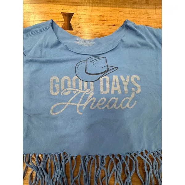 Custom Blue Fringe Cowboy Graphic Crop Top Boho Southwestern Festival Shirt L - Image 8