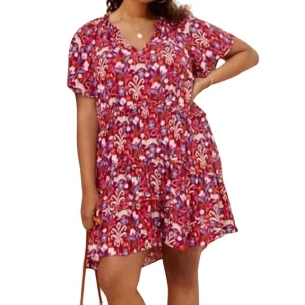 Anthropologie Pink Red Blue Ruffle Flutter Sleeve Dress size S Boho Tomato Girl - Image 2