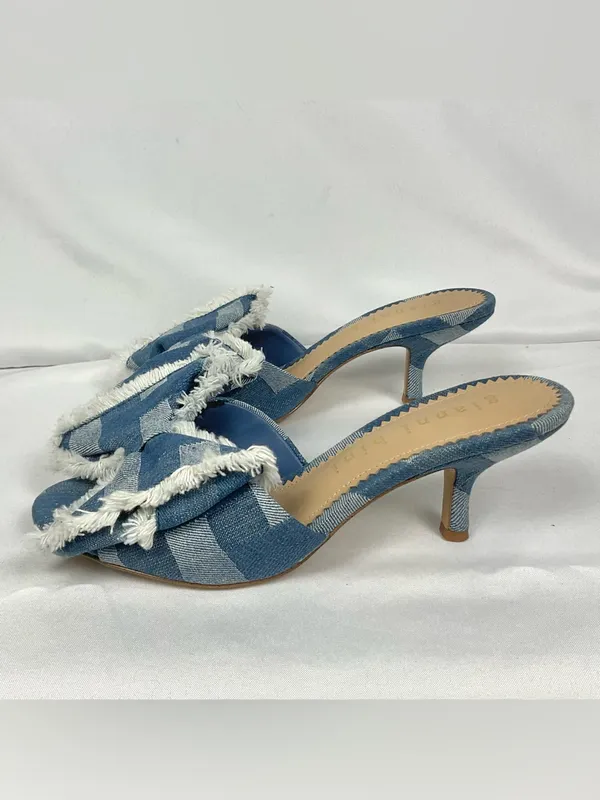 Gianni Bini Wendell Sandals Patchwork Denim Bow Gingham Mule Heels Blue Sz 7.5 - Image 2