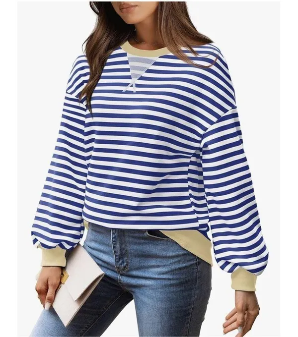 NEW Striped Crewneck Oversized Sweatshirt Pullover Sweater M Blue Size M - Image 6