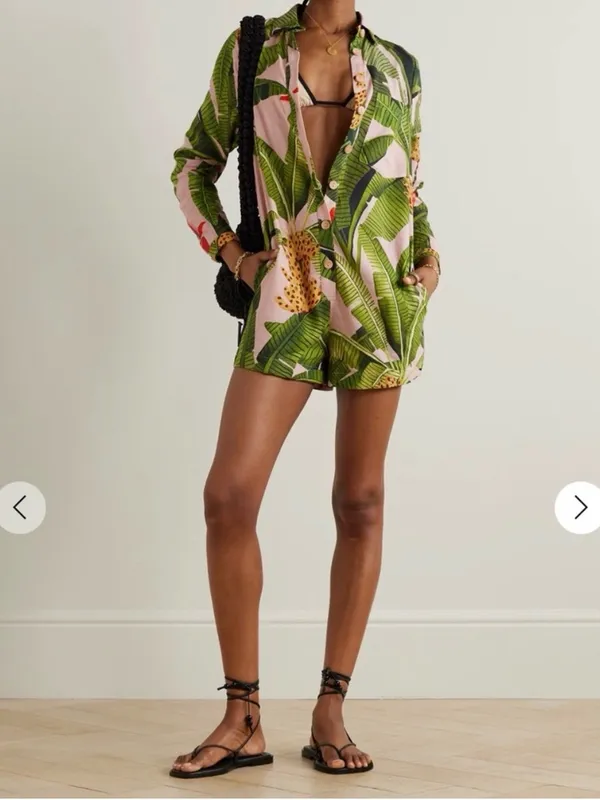 Farm Rio Pink Banana Leaves Linen Jumpsuit Small Long Sleeve Tropical Vacay Chic - Image 6