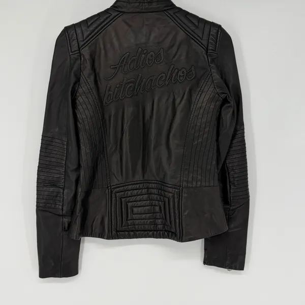 Beach Riot Leather Moto Jacket Adios Bitchachos XS Dolls Kill Gold‎ Zip - Image 2