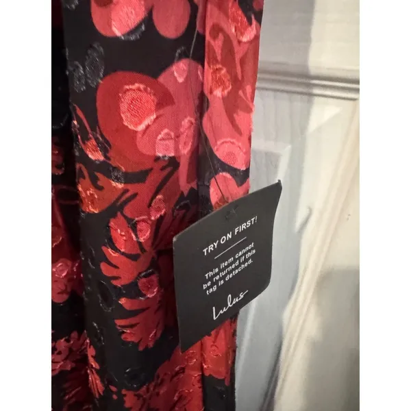 Lulus Truly Charming Floral Midi Dress Small Black Red Puff Sleeve Cutout NWT - Image 3