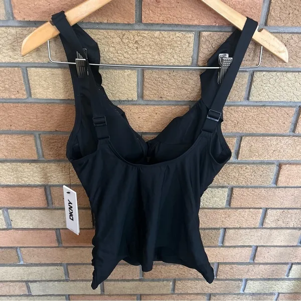 NWT DKNY Women's Ruffled V Neck Tankini Swim Top Size Small Black - Image 4