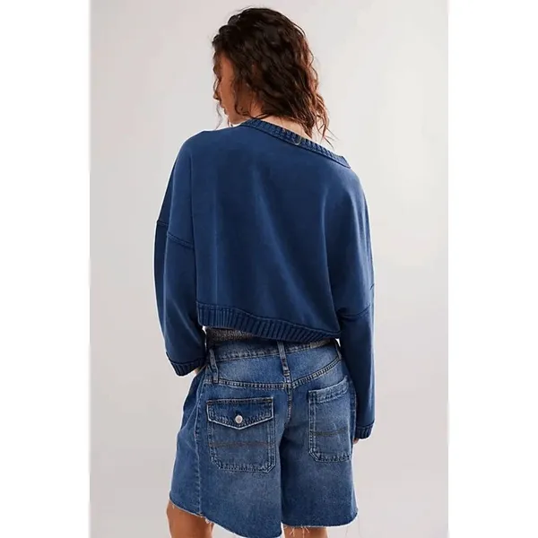 Free People Navy Blue Sweetness Sweatshirt Cropped Knit Slouchy Large - Image 9