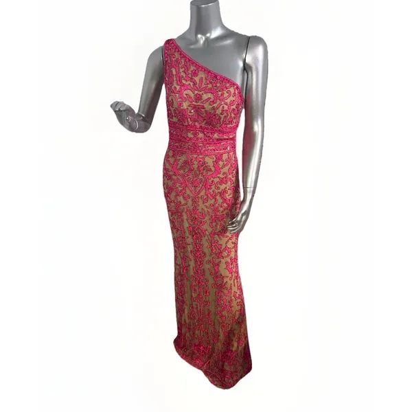 Sherri Hill 54250 One Shoulder Beaded Prom Gown Pink Nude Size 8 Dress - Image 4
