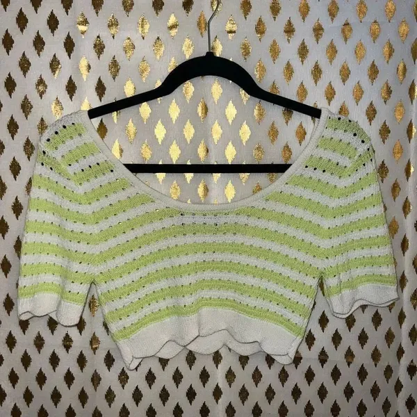 Cider green and white striped pointelle knit short-sleeve sweater with scalloped - Image 2