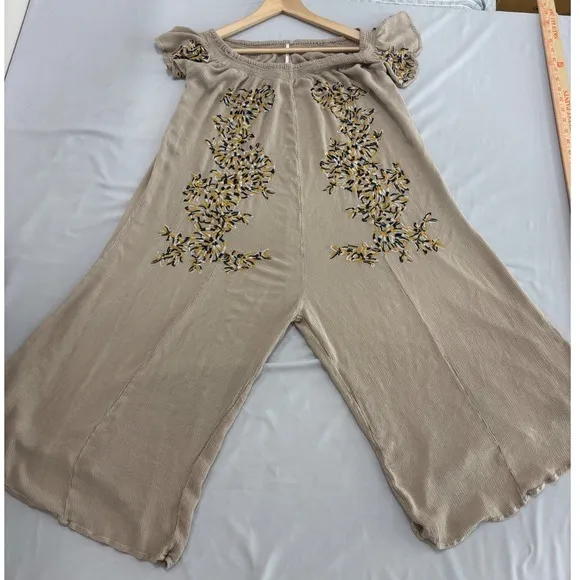 Free People Embroidered Wide Leg Jumpsuit Taupe Beige Boho Smocked Small - Image 10