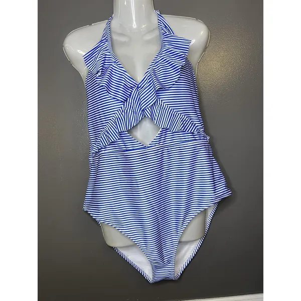 Aerie Swimsuit Womens XL Blue Stripe Ruffle Halter One Piece Front Cutout - Image 2