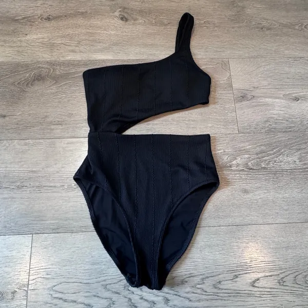 Aerie Black One Shoulder Cutout Textured Ribbed One Piece Swimsuit Size XSmall - Image 2