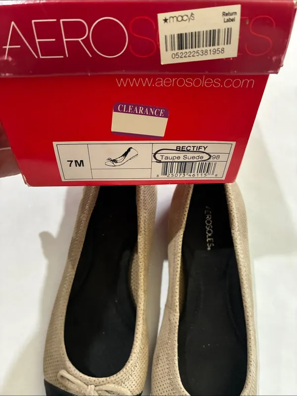 AEROSOLES Beige Perforated Ballet Flats with Black Toe - Image 2