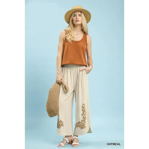 Umgee‎ Linen Embroidered Wide-Leg Boho Pants - Medium - Image 5
