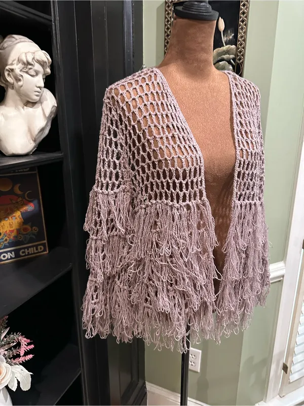 POL Lavender Fishnet Fringe Cardigan – Size Small (Fits S–L) - Image 3
