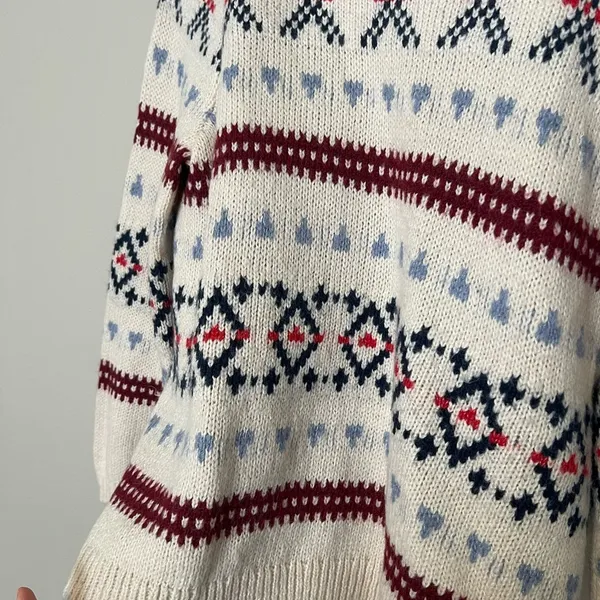 Old Navy Cream and Red Crew Neck Sweater with Nordic Pattern - Image 3