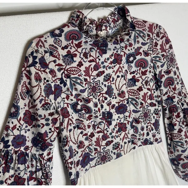 1970s Connie Sage Floral Prairie Empire Waist Maxi Dress Balloon Sleeves XS/S - Image 11