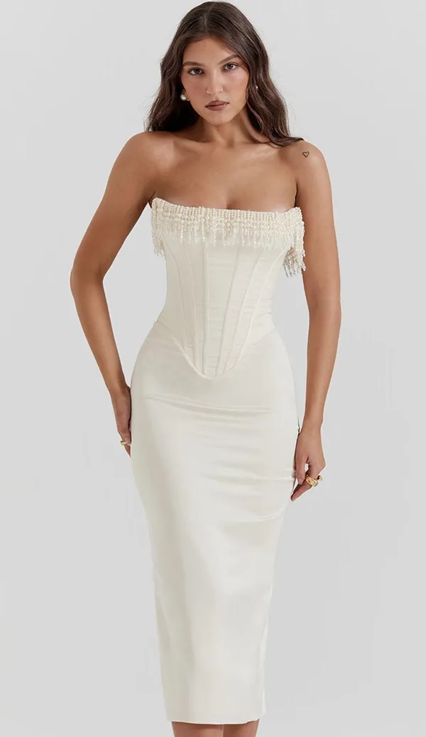 House Of CB NWT NALITA VINTAGE CREAM EMBELLISHED STRAPLESS DRESS. Size Medium - Image 6