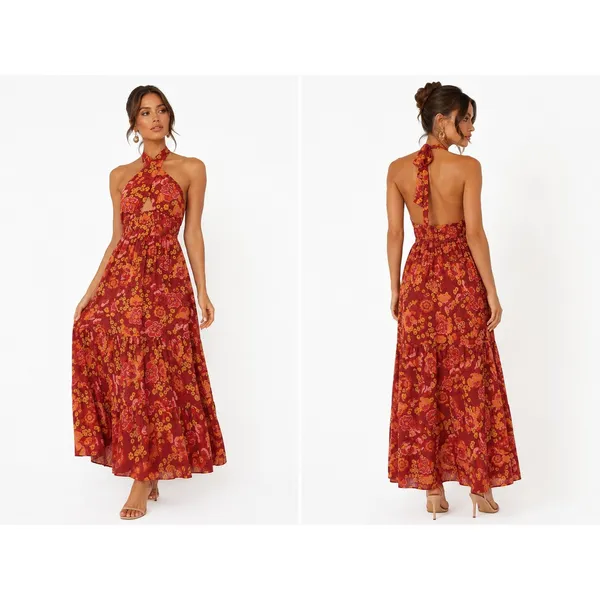 NWT Zesica Halter Floral Maxi Dress Red Boho Tiered Smocked Backless Size S - Image 2