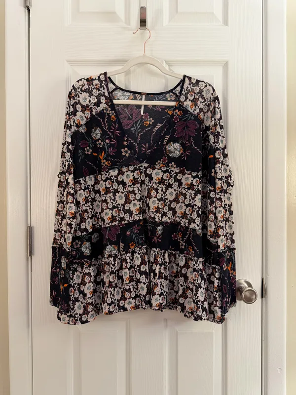 Free People Floral Semi Sheer Long Sleeve Isabella Tunic Blouse Small - Image 3