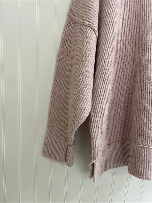 AERIE Ribbed Texture Crewneck Sweater Exposed Seams Soft Chenille Pink Size L - Image 6
