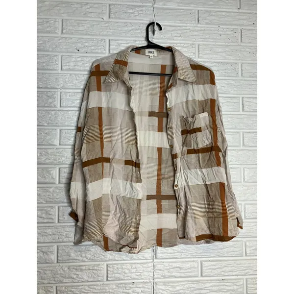 BKE Plaid Button Down Shirt‎ Womens Medium Brown Excellent Rayon Long Sleeve - Image 2