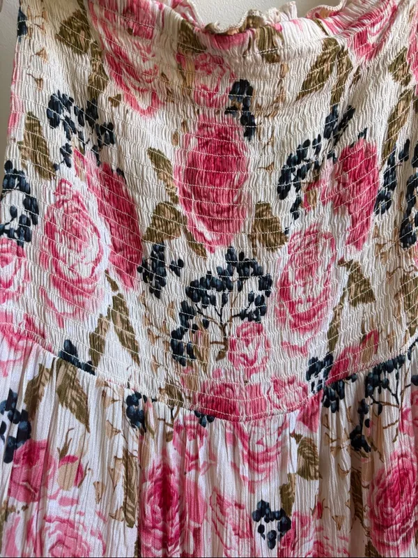 Hot Kiss Pink and Cream Floral Smocked Midi Dress - Image 3
