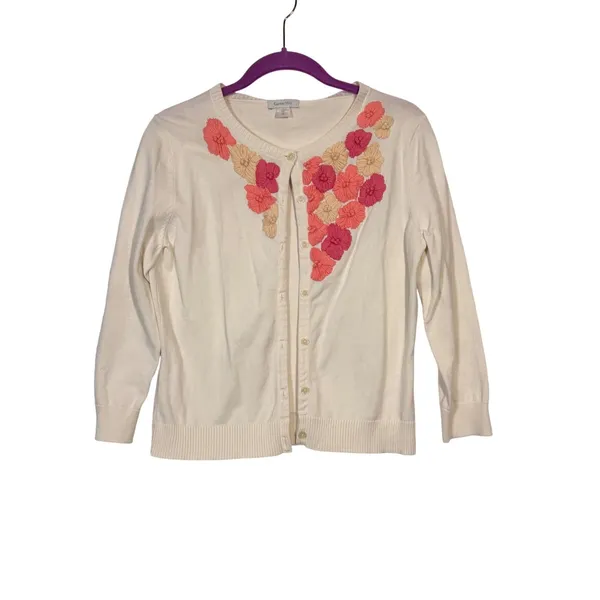 Garnet Hill Cream Floral Embroidered Button Front Cardigan Sweater XS Spring - Image 2