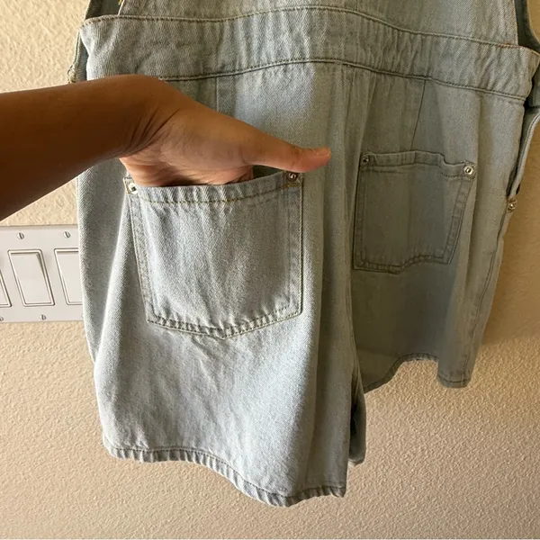 POL Light Wash Denim Short Overalls with Rose Embroidery - Image 11