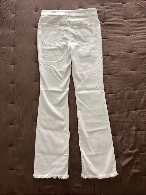 Chico's Pull On White Slim Boot Jeans with Raw Frayed Hem - Image 2