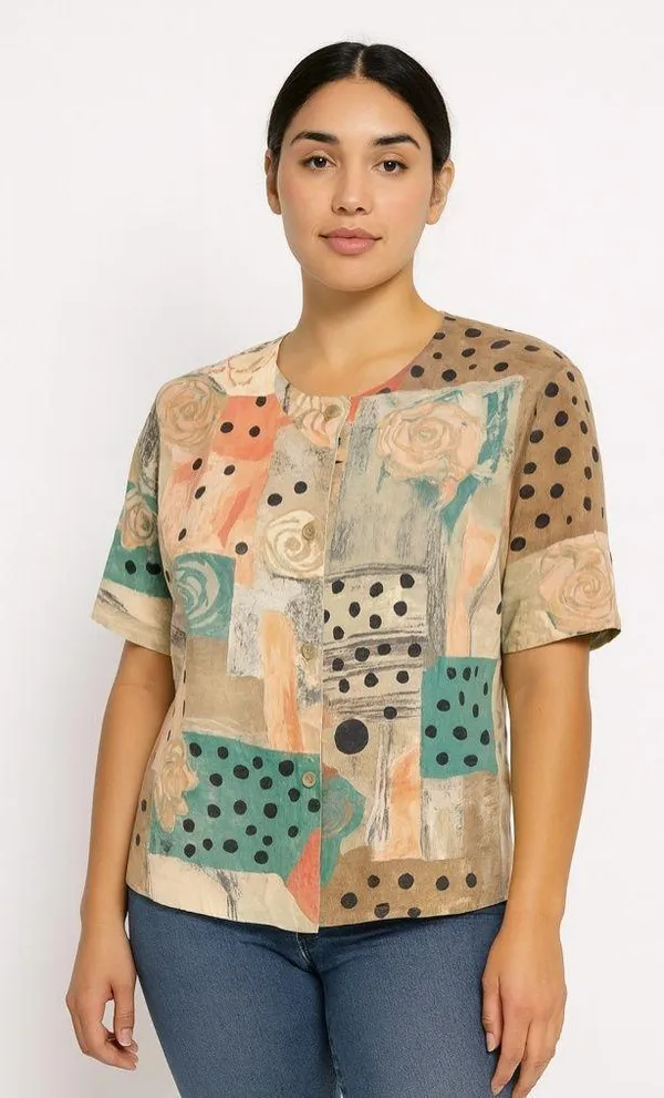 Vtg 80s patchwork print blouse Size L - Image 2