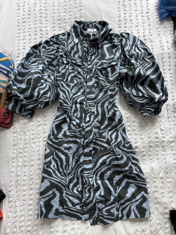 Ganni Blue and Black Zebra-Print Puff-Sleeve Mini Dress - Image 3