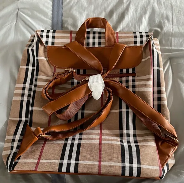 Plaid Backpack with Buckle Accents Brown - Image 2