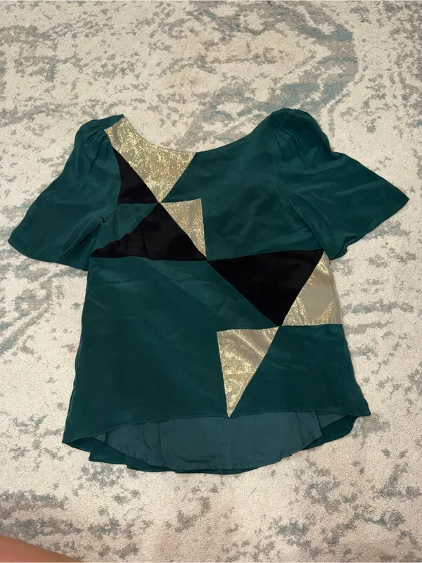Line & Dot 100% Silk Geometric Shimmer Blouse Emerald Green XS - Image 5