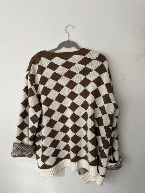 Women’s Brown & Cream Diamond Pattern Cardigan Jacket Size XL - Image 3