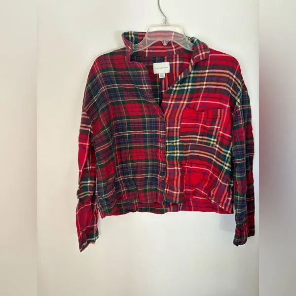 American Eagle Outfitters Red Tartan Plaid Button Down Crop Top Size S - Image 9