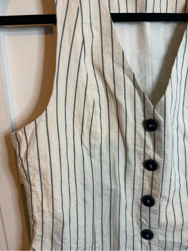 Zara Cream and Navy Pinstripe Cotton Vest - Image 4