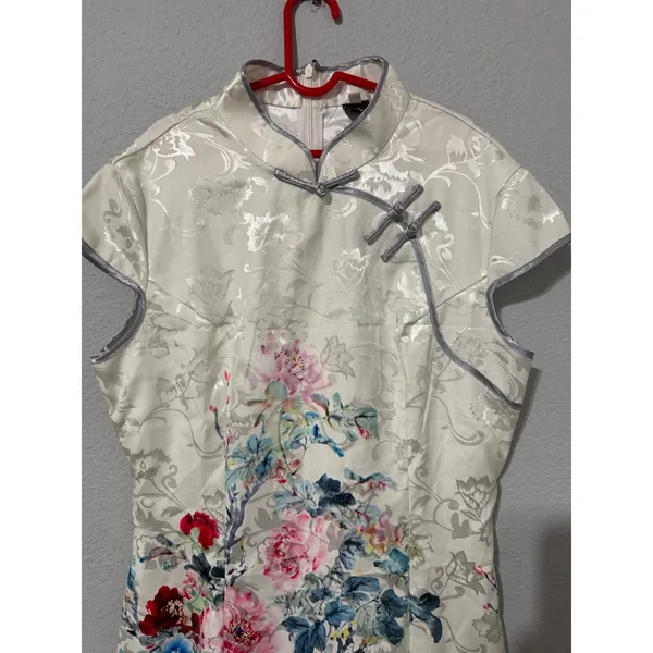 Jin He White Floral Satin Qipao Cheongsam Dress Size S Mandarin Collar Asian - Image 2