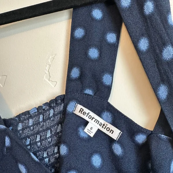 Reformation | Hester Polka Dot Draped Tank Top in Blue | Size 6 - Image 6
