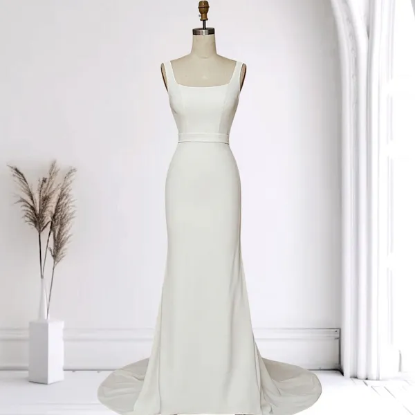 NWT Zapaka White Mermaid Square Neck Satin Long Wedding Dress with Sweep Train L - Image 3