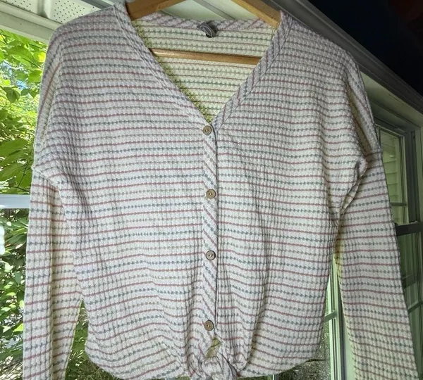 Paper Crane Women's Waffle Knit Long Sleeve Button-Down Tie-Front Cardigan Top - Image 2