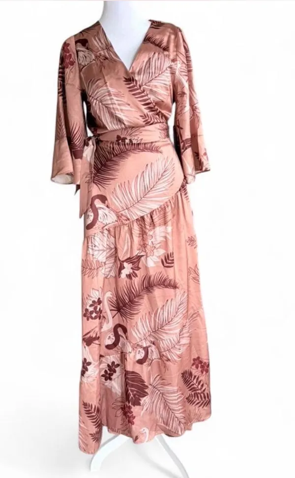 Ciebon Pink Brown Floral Satin Wrap Maxi Dress - Image 4