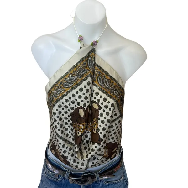 Preppy Teddy Bear Scarf Halter Top Crop One Size Festival Convertible Unique - Image 6