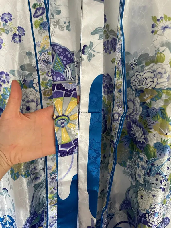 Floral Satin Kimono Robe in White and Blue - Image 4